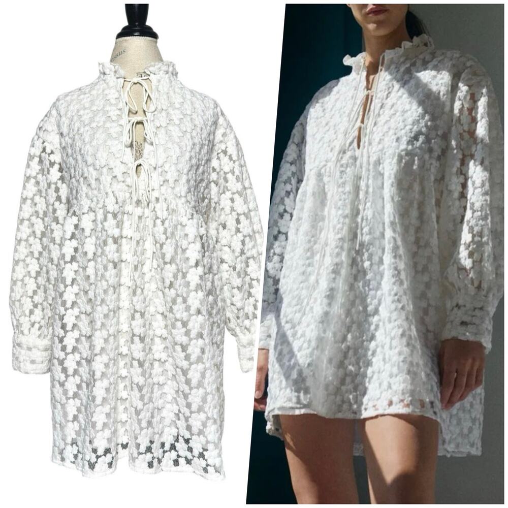Zara | White | White Romantic Coquette 60s 3D Floral Babydoll Mini Dress | XS